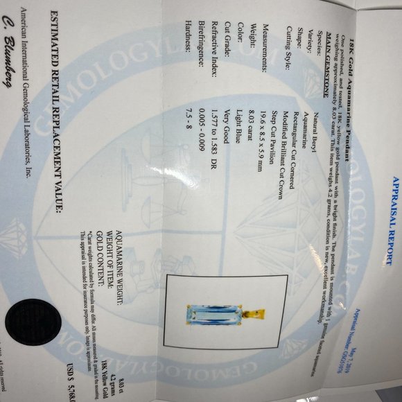 Certified Aquamarine 8.03ct Solid 18K Gold Pendant - Picture 8 of 8